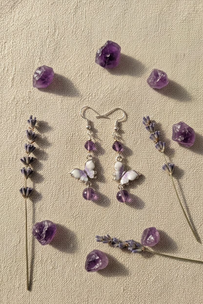 Mise en scène boucles d'oreilles améthyste
