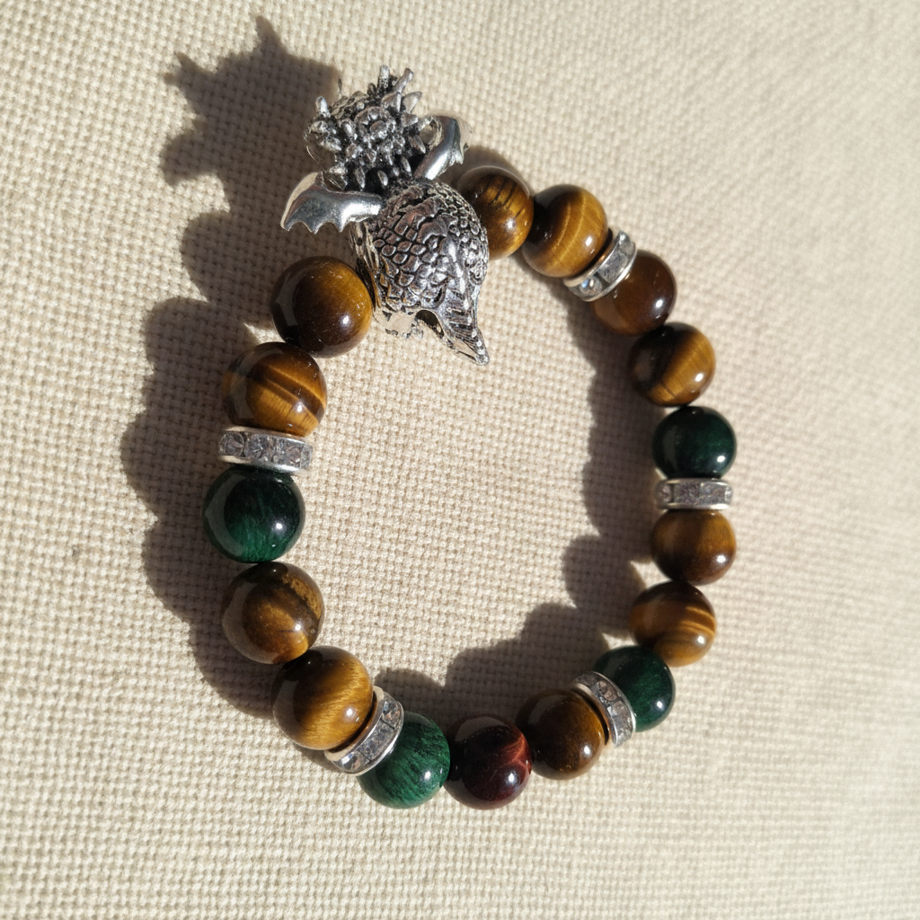Bracelet dragon en œil de tigre avec breloque argentée