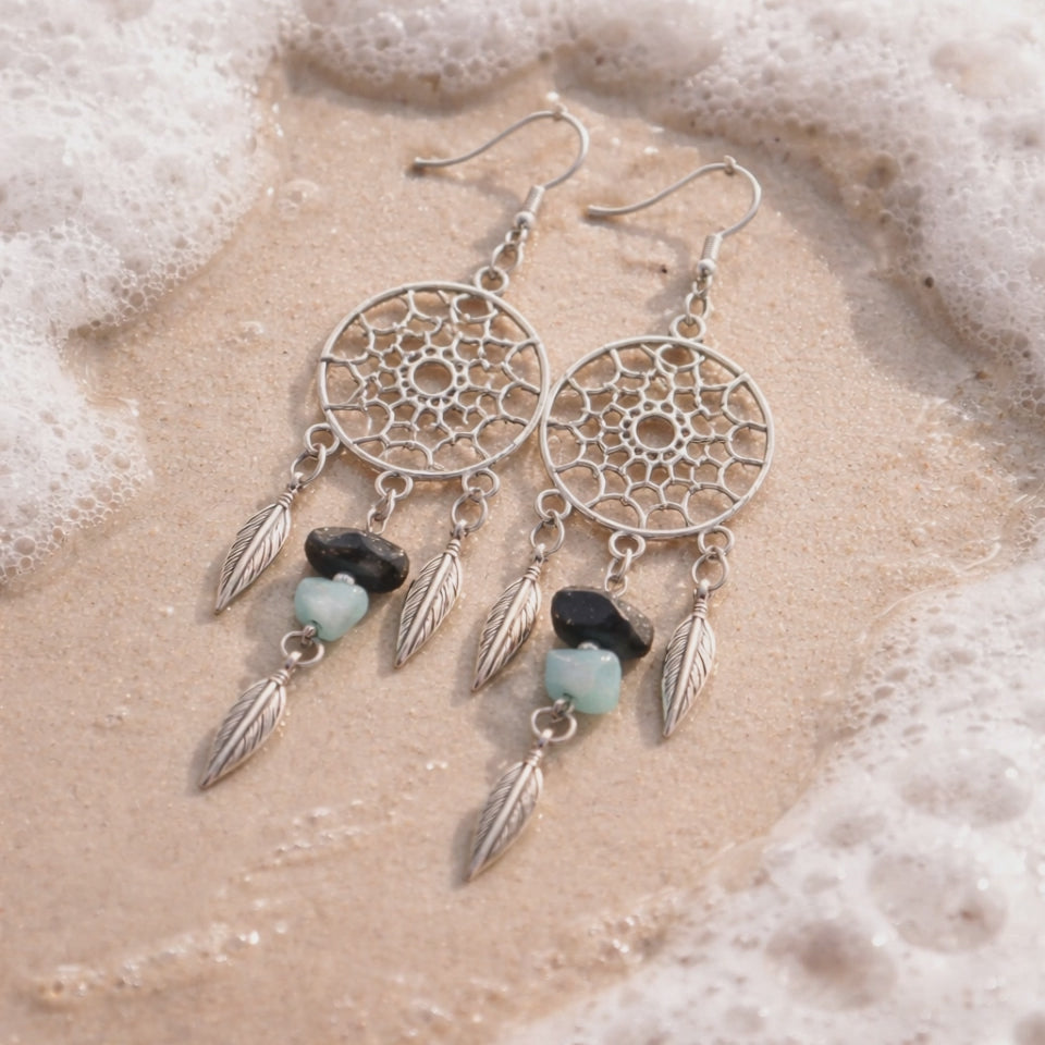 Boucles d'oreilles Pierre de Sable Bleu et Jade Bleue Chips — Attrape-rêves, Argent