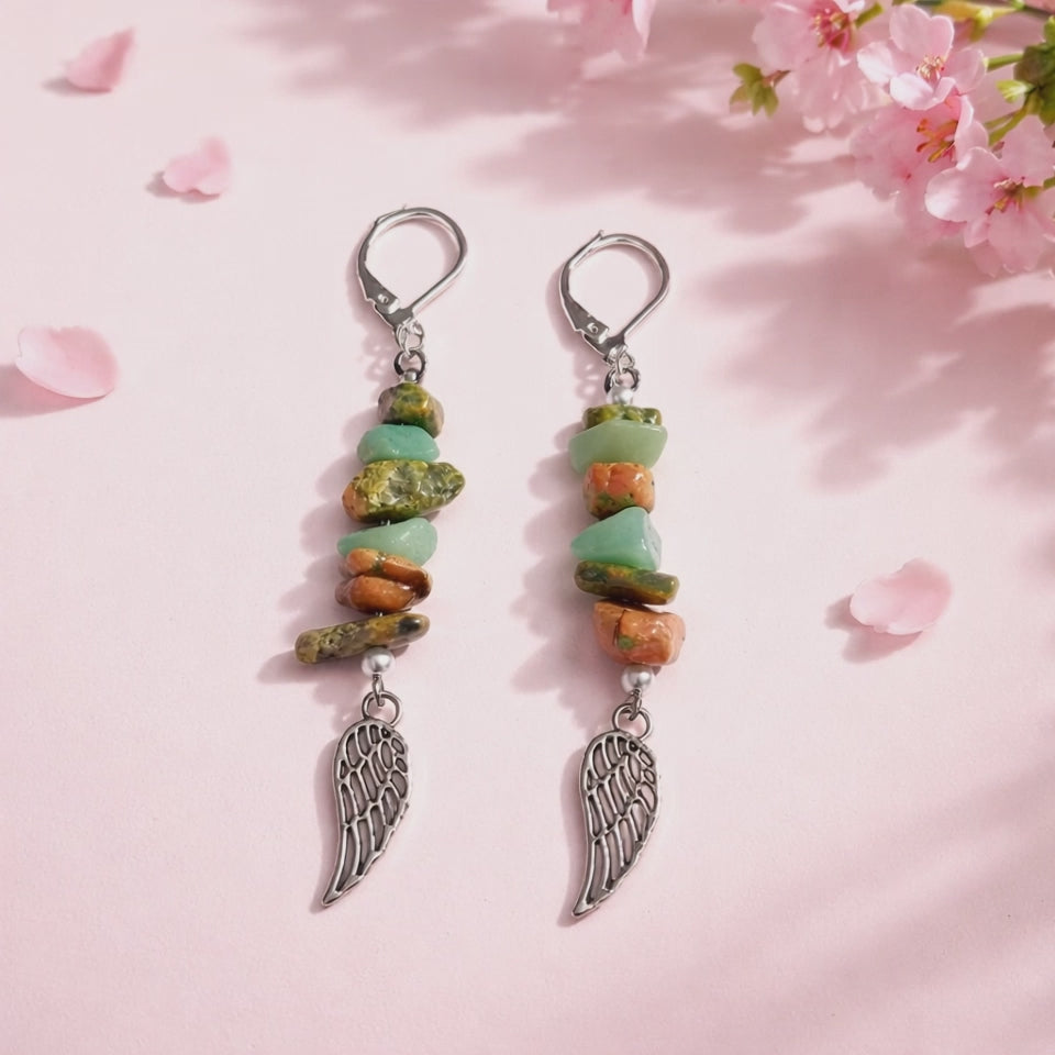 Boucles d'oreilles Unakite et Amazonite Chips — Pierres naturelles, Argent sterling