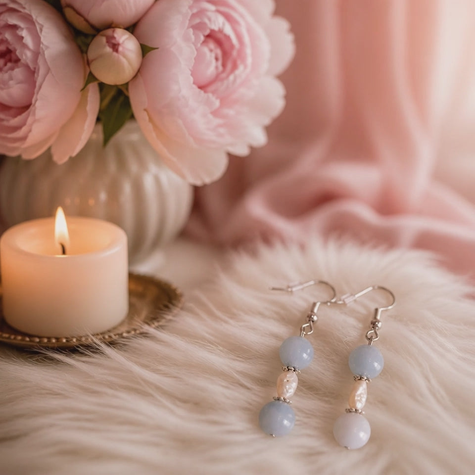 Boucles d'oreilles en Aigue Marine et Perles d'eau Douce.