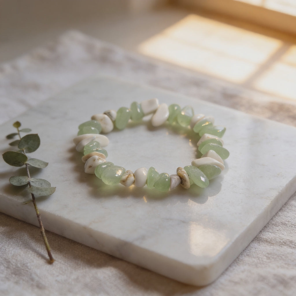 Bracelet Calcédoine Verte & Magnésite Blanche — Chips naturelles, Style Bohème