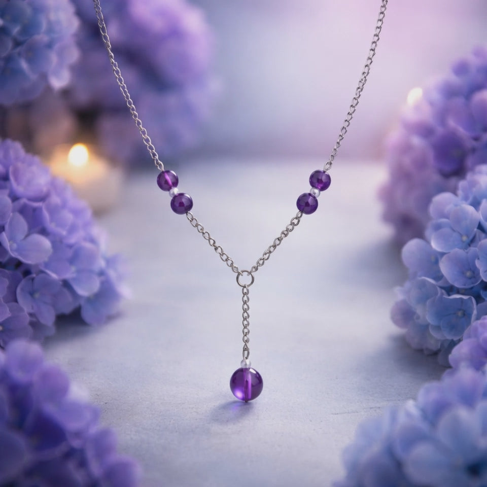 Collier Améthyste & Nacre en Argent — Perles 8mm, Elégance Intemporelle