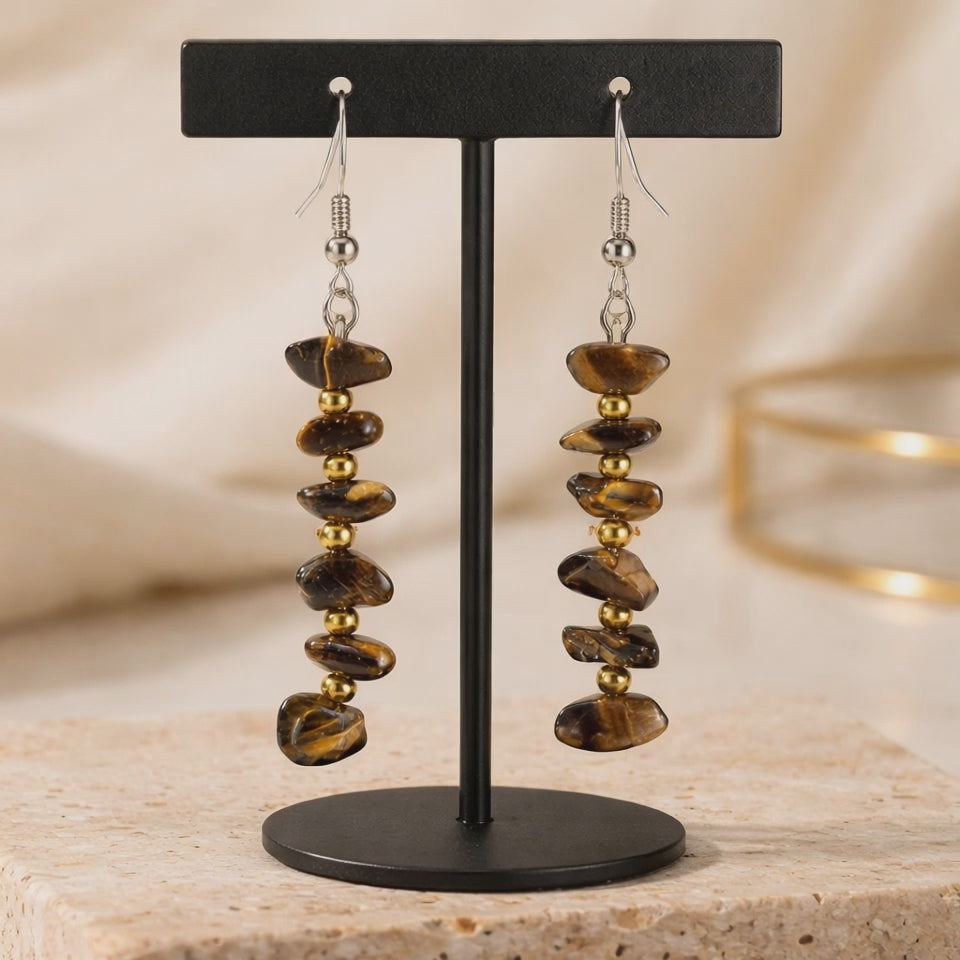 Boucles d'oreilles Œil de Tigre Chips — Pierre naturelle, Acier inoxydable