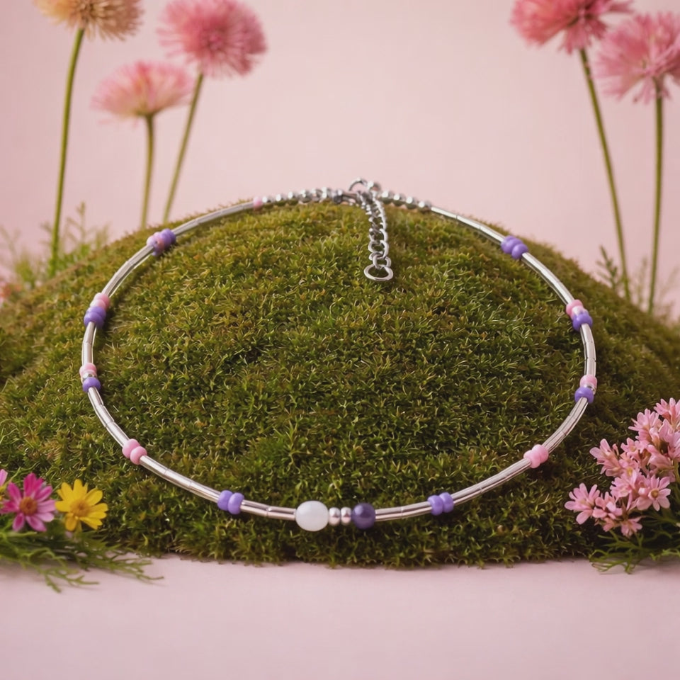 Collier Ras-de-Cou Quartz Rose & Améthyste 4mm — Perles Rocaille Argentées, Délicat & Réglable