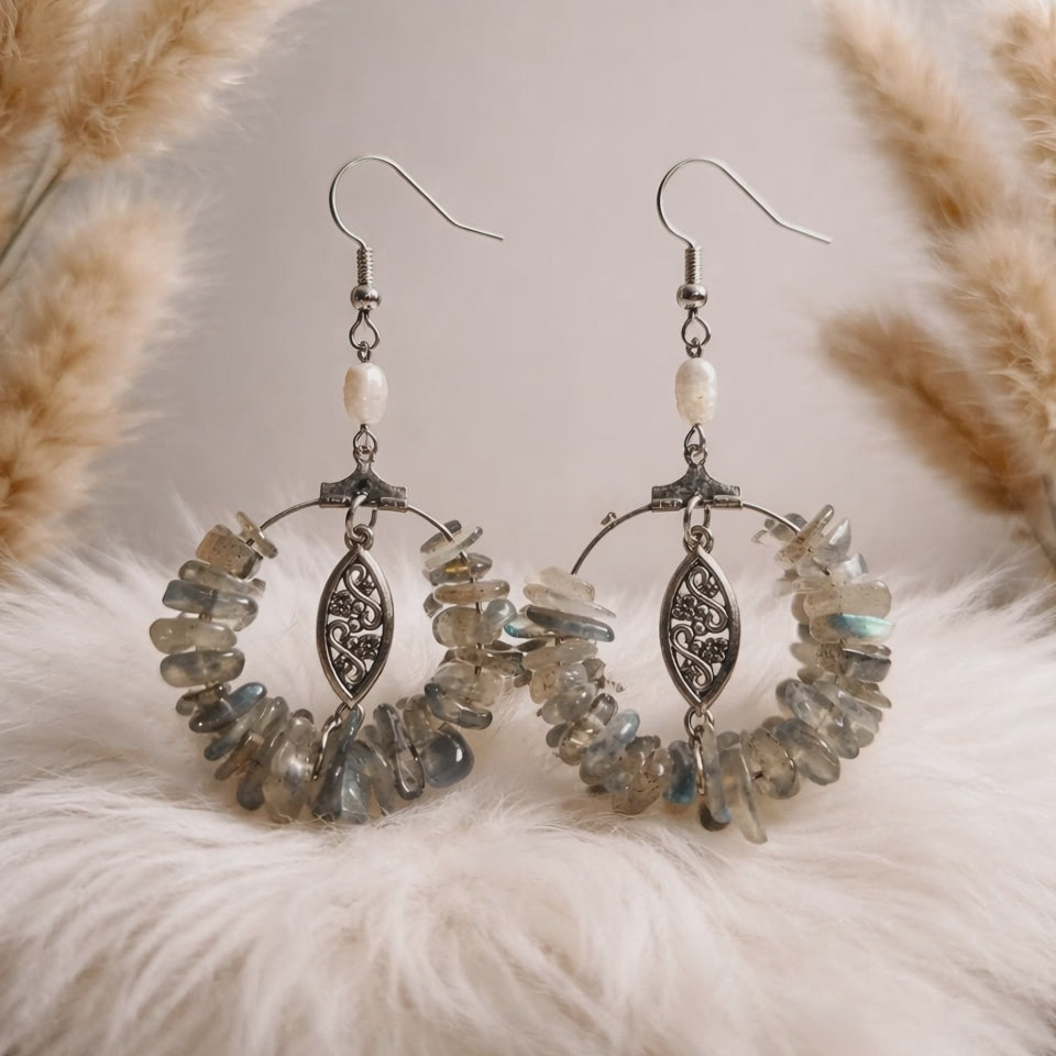 Boucles d'oreilles Labradorite Chips et Perles d'Eau Douce — Argent sterling
