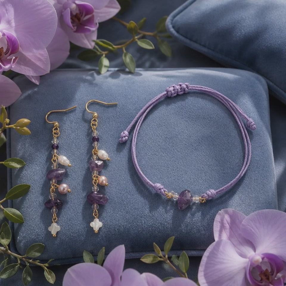Parure Améthyste et Perles d'eau.