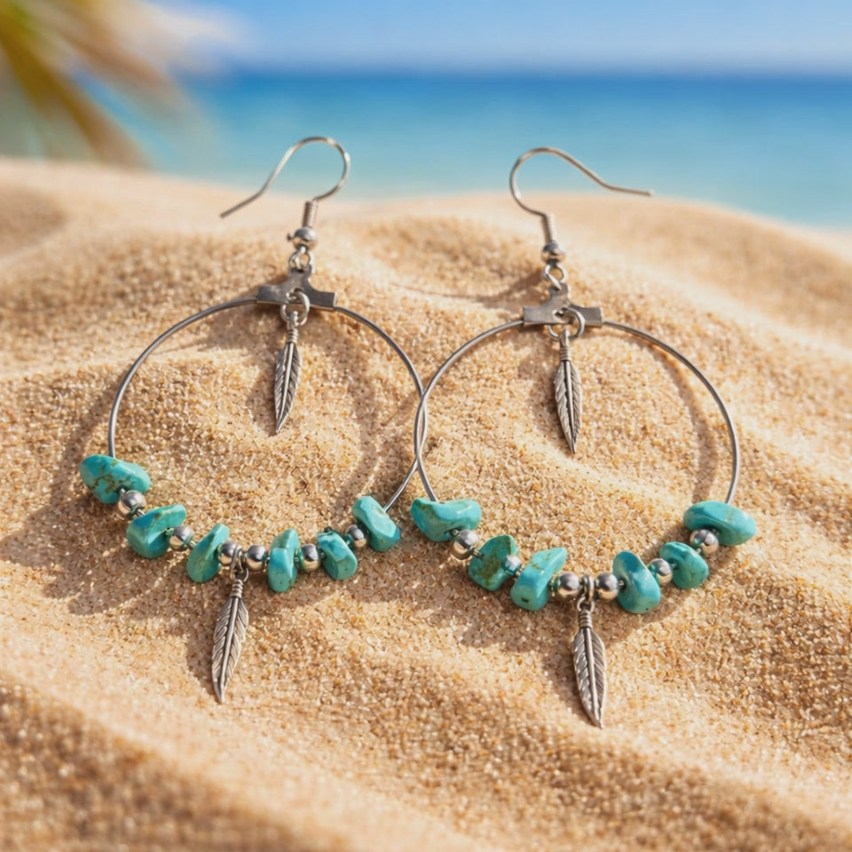 Boucles d'oreilles Howlite Turquoise Chips — Pierre naturelle, Plumes, Acier inoxydable