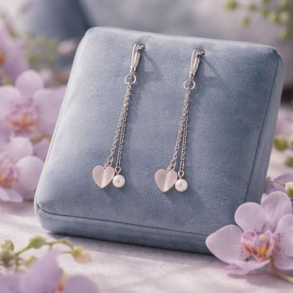 Boucles d'oreilles Quartz Rose — Cœurs, Argent 925