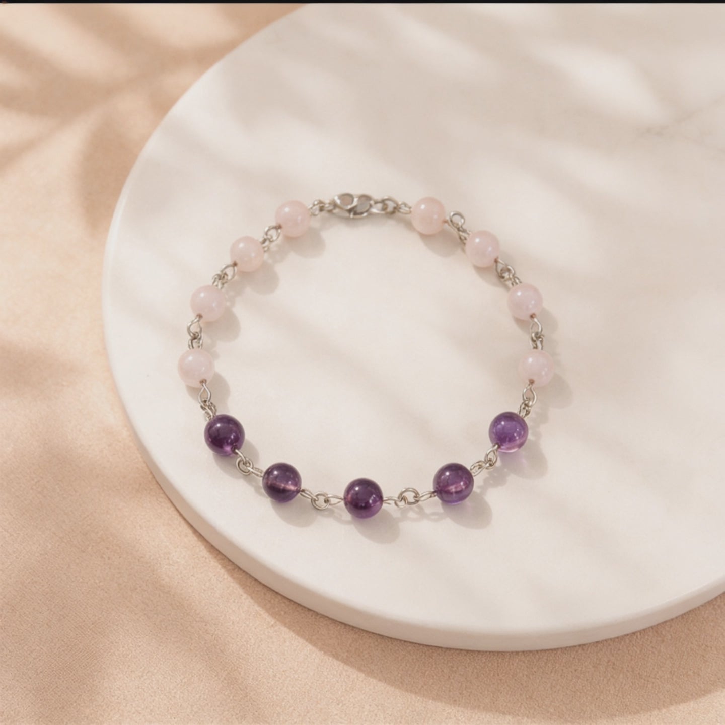 Bracelet Améthyste et Quartz Rose — Pierres naturelles 6mm, Argent 925