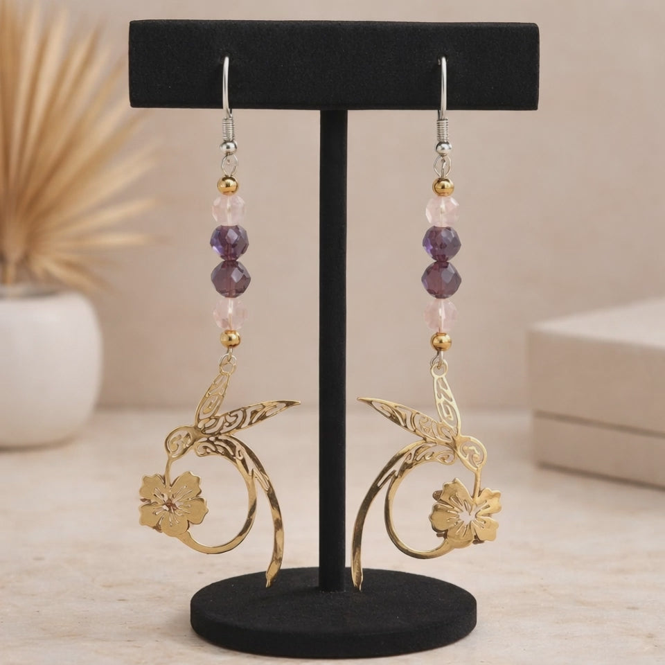 Boucles d'oreilles Améthyste et Quartz Rose — Pierres naturelles, Colibri doré