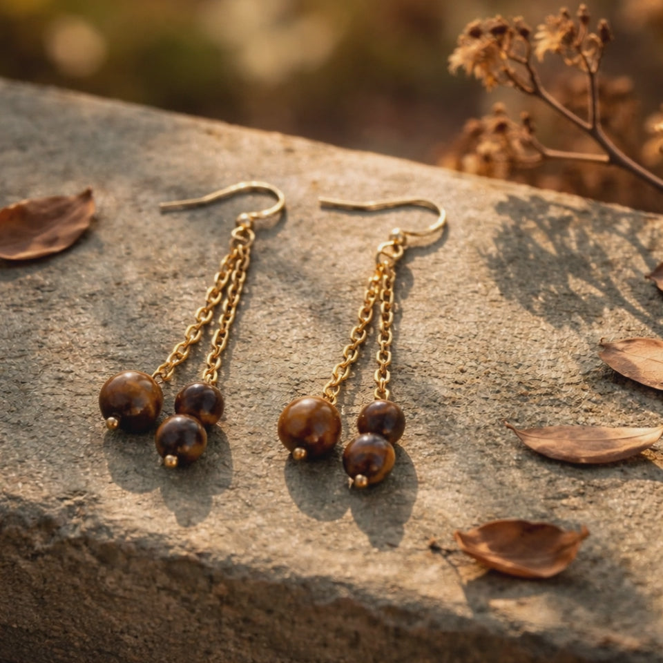 Boucles d'oreilles Œil de Tigre Chips — Pierre naturelle, Acier inoxydable