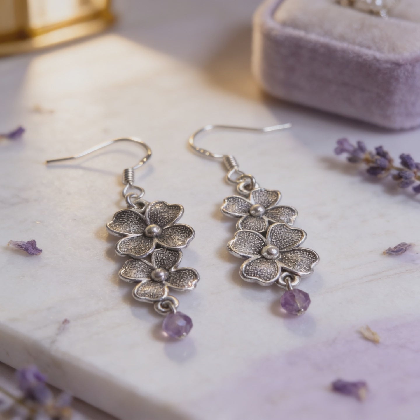 Boucles d'oreilles Fleurs Améthyste Facettée 4mm — Pierre naturelle, Argent 925