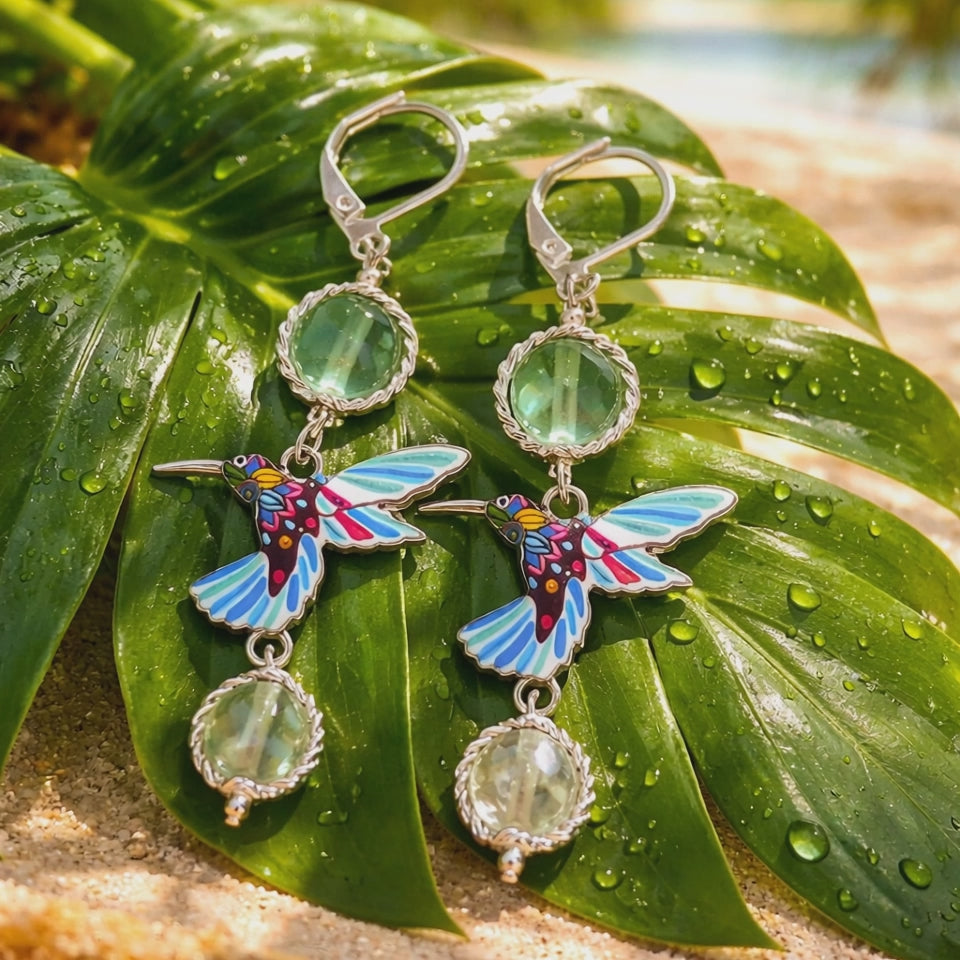 Boucles d'oreilles Fluorite — Pierre naturelle 8mm, Colibri émail, Argent 925