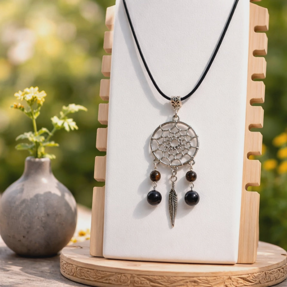Collier Attrape-Rêves Œil de Tigre & Obsidienne Noire — Bouclier de Sagesse, Cordon Réglable