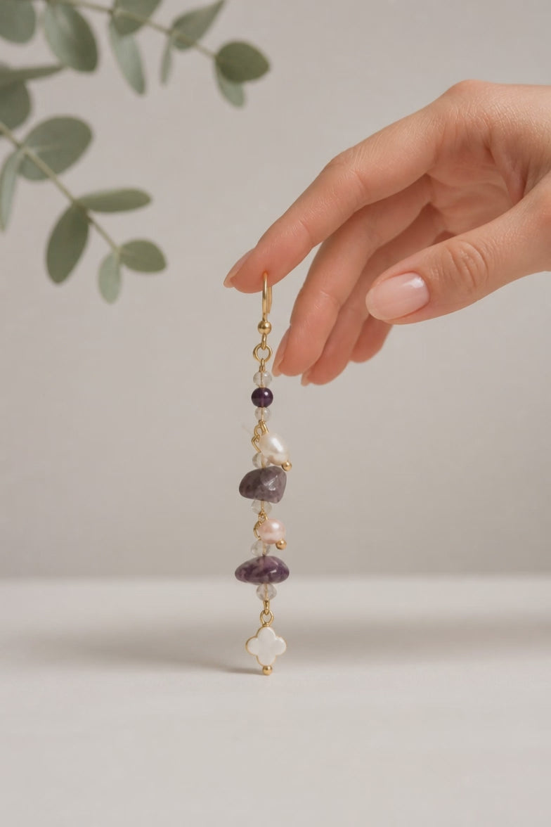 Boucles d'oreilles Améthyste Nacre de coquillage et Perles d'eau Chips.