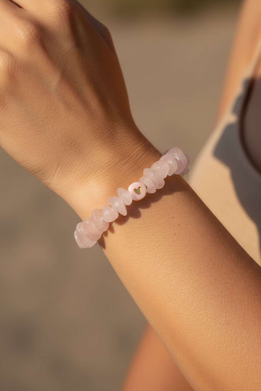 Bracelet Quartz Rose Chips & Perle Cœur