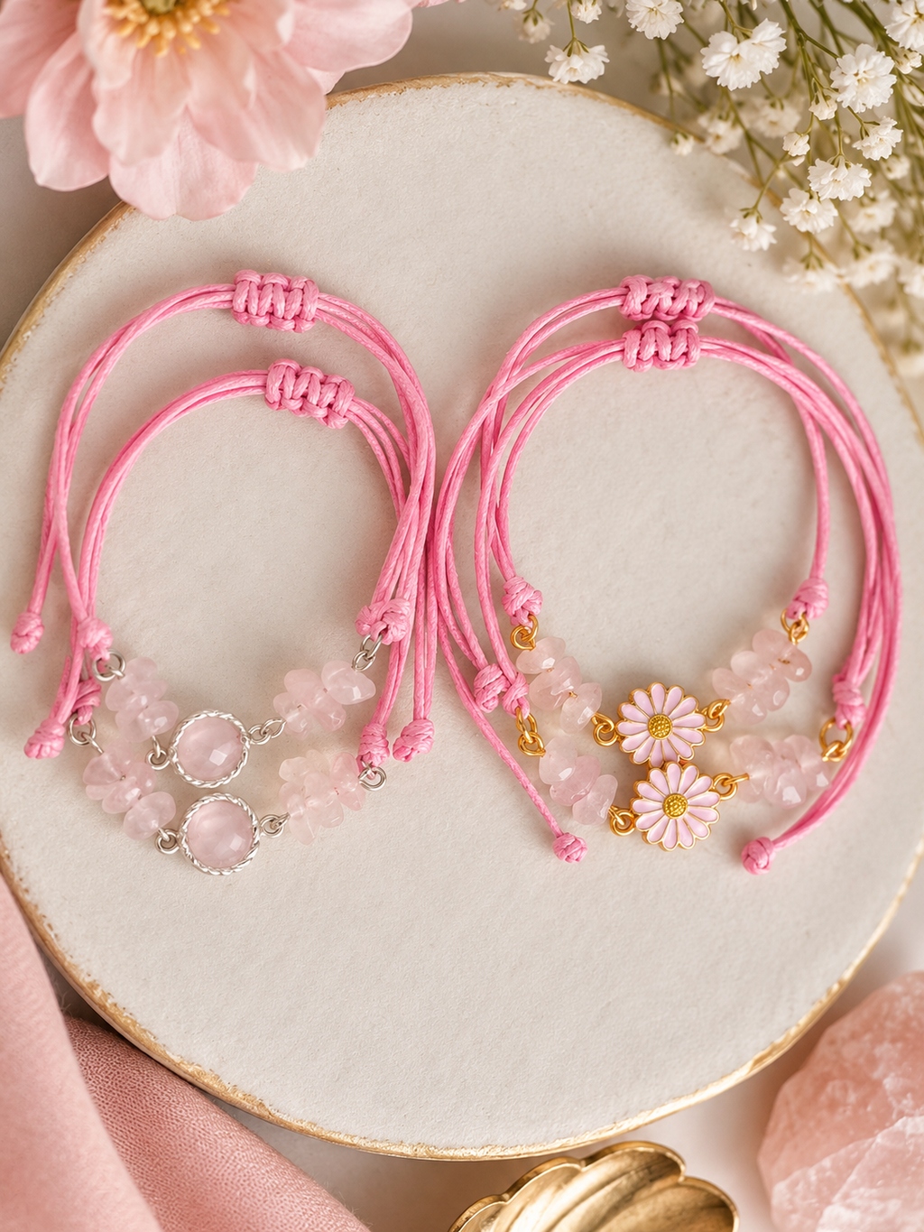 Bracelet réglable en quartz rose chips et perle de 8 mm