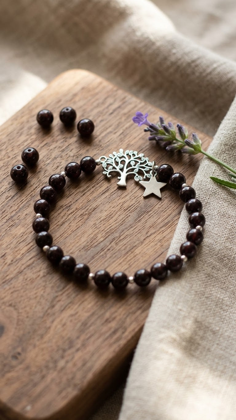 Bracelet grenat naturel AA 4 mm, arbre de vie et étoile